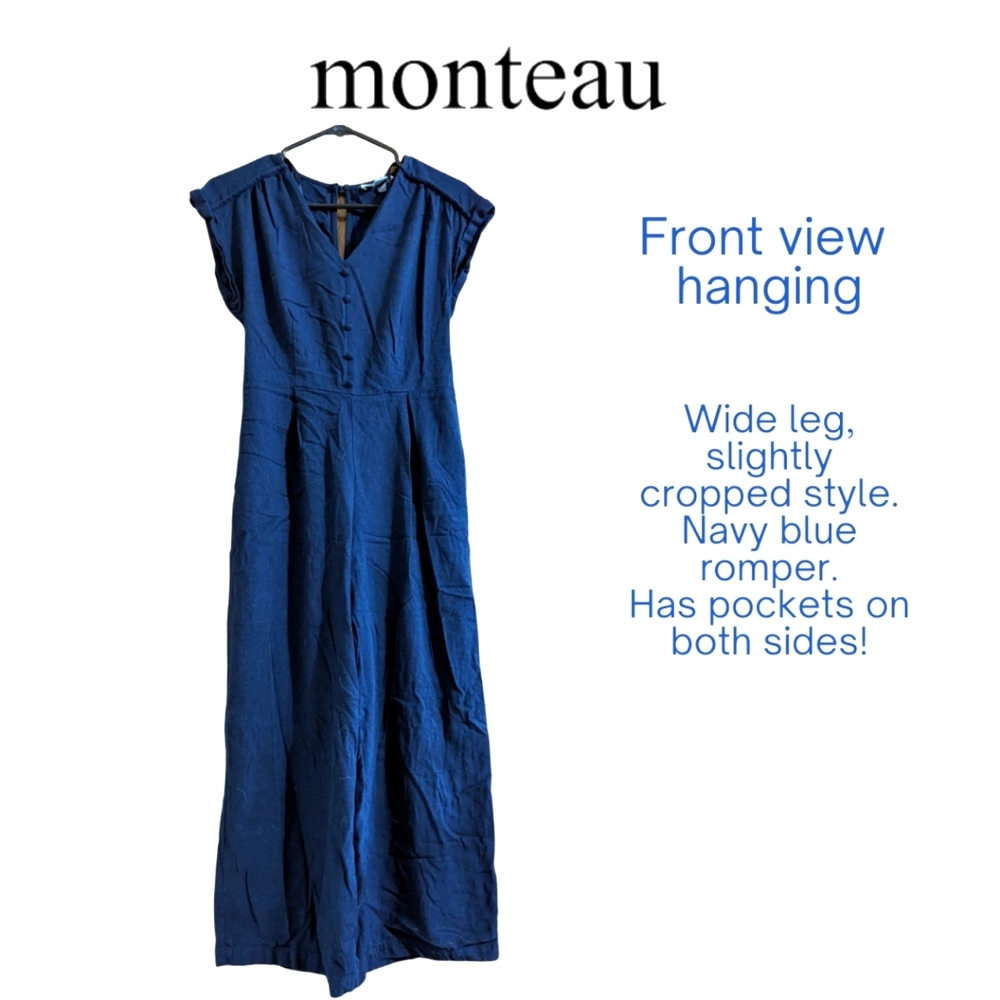 Size Small, Monteau wide legged, navy romper w/pockets, GUC